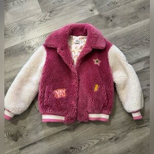Lola + The Boys Raspberry Pink Teddy Jacket with Cream Sleeves